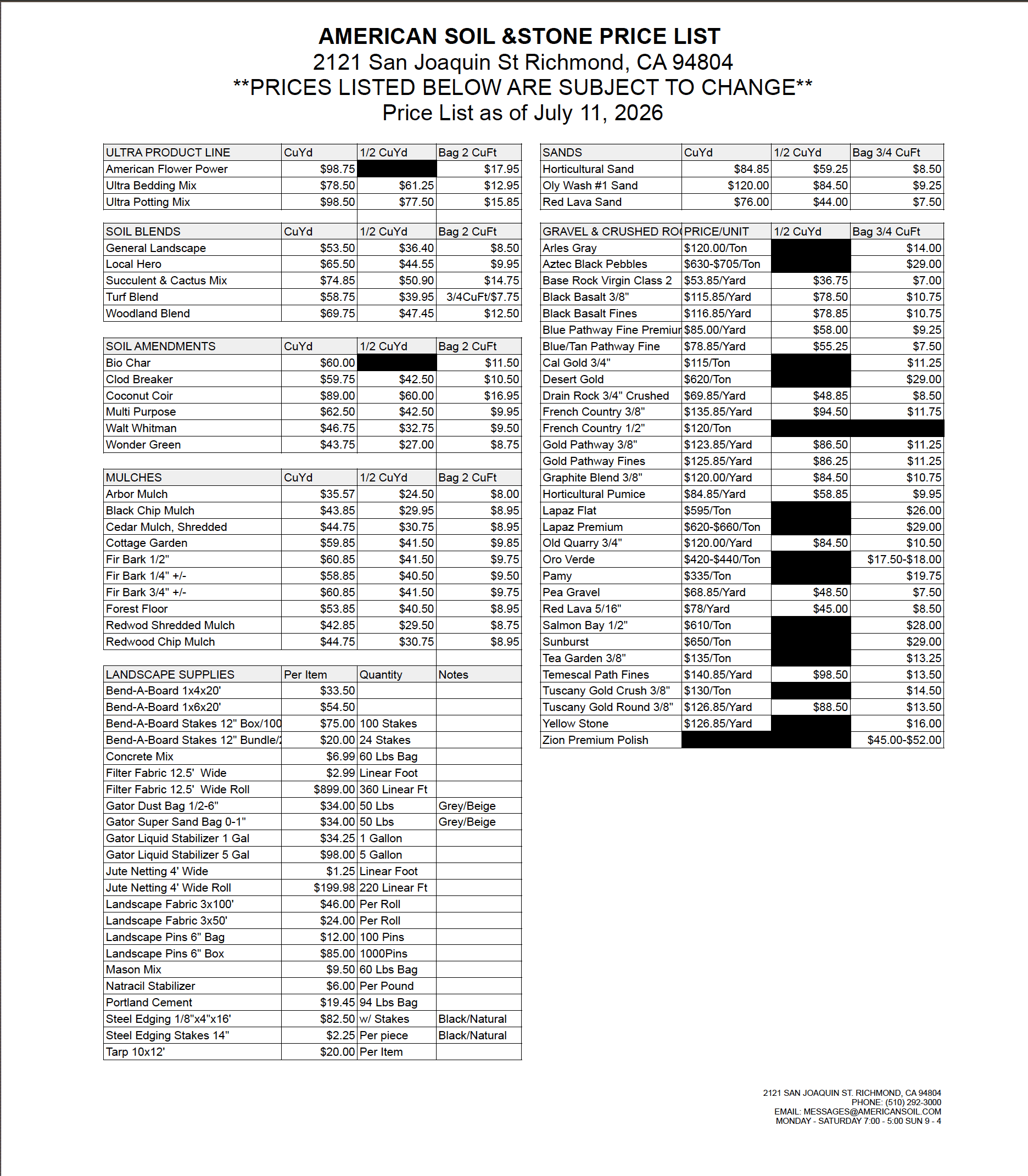 Price Sheet