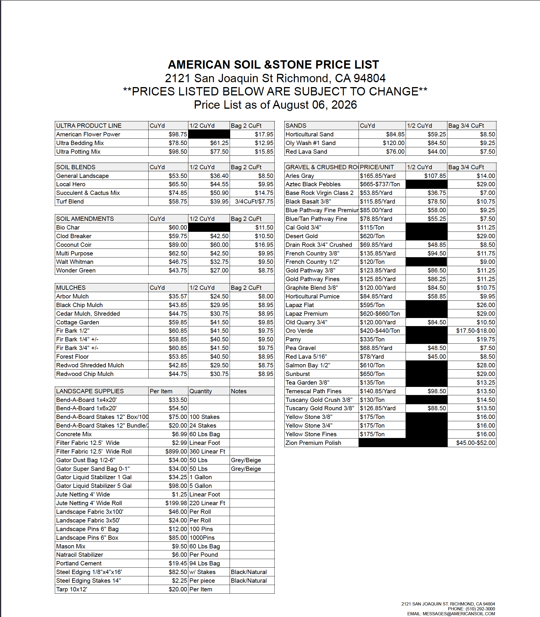 Price Sheet