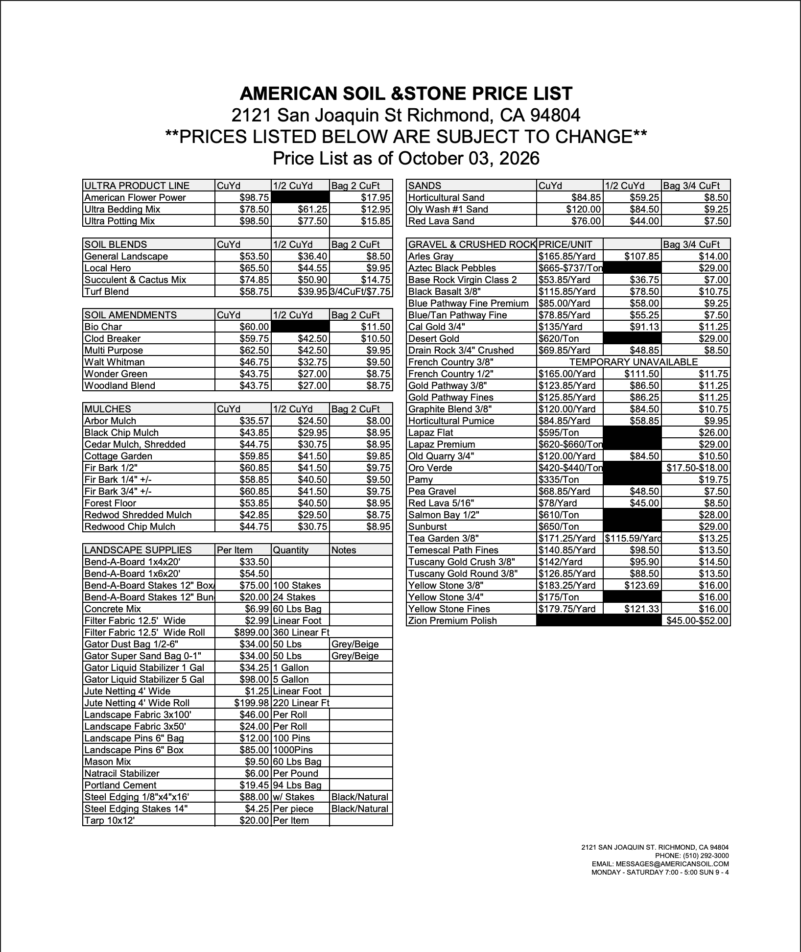 Price Sheet